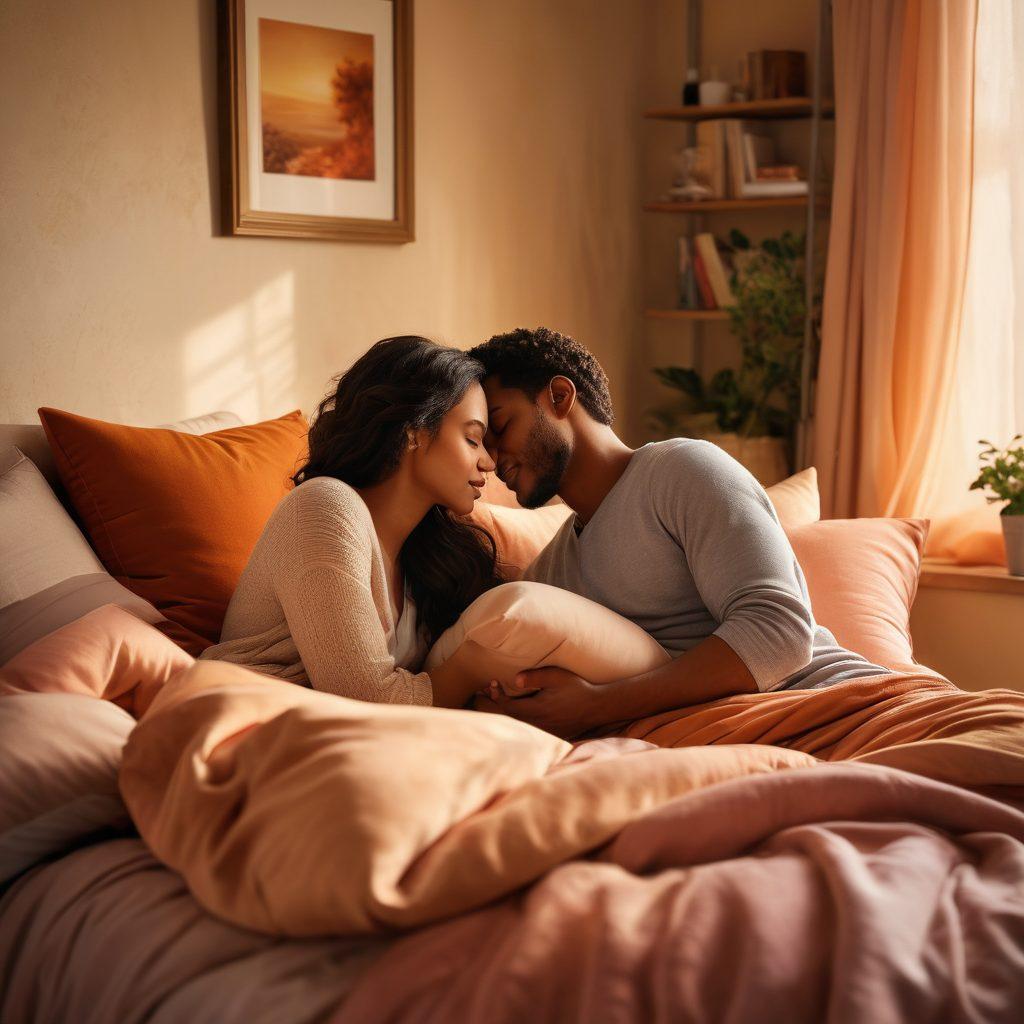 A serene and inviting setting depicting a diverse couple sharing an intimate moment, surrounded by soft, warm colors that represent the spectrum of human emotions. Soft, flowing fabrics and gentle lighting create a sense of warmth and connection, while various symbols of intimacy and trust (like intertwined hands or soft pillows) are subtly included in the background. The scene exudes comfort and positivity. super-realistic. vibrant colors. romantic atmosphere.