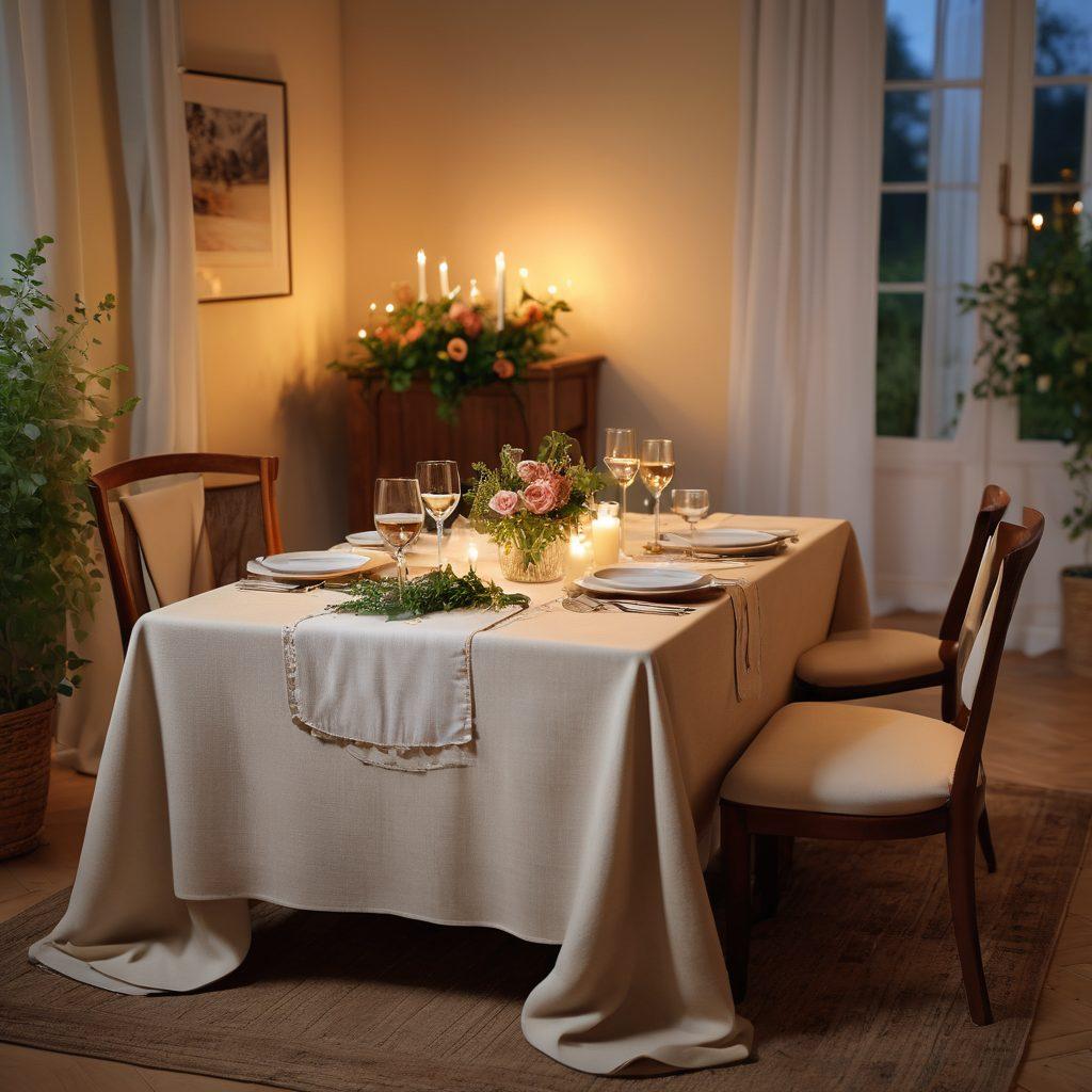 A serene and intimate setting depicting a candlelit dinner table with two glasses of wine, surrounded by soft fabrics and gentle lighting. Incorporate nature elements like flowers and greenery to evoke a sense of sensuality. The scene suggests warmth, connection, and romance, inviting the viewer to explore healthy romantic encounters. soft focus. warm tones. 3D.