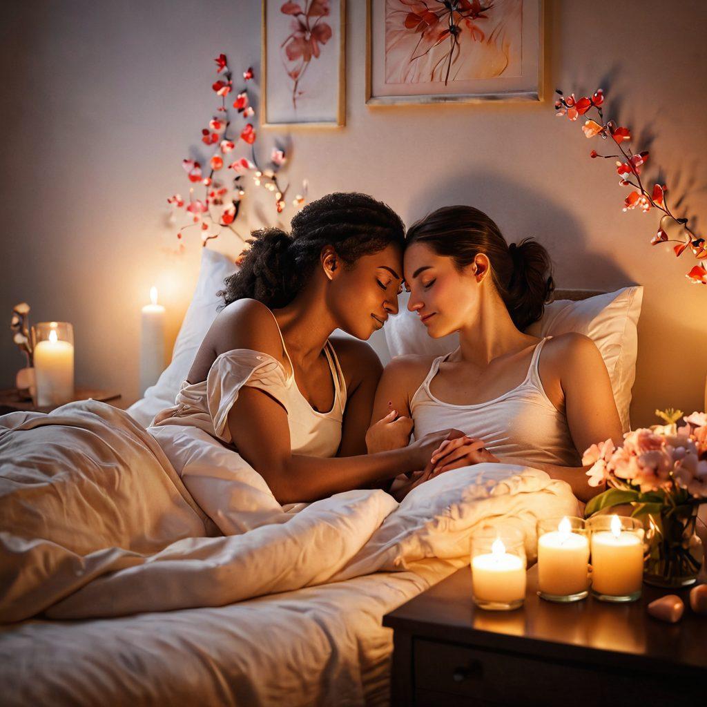 A cozy, intimate setting with a couple sharing a moment of affection, surrounded by warm candlelight. Include elements symbolizing sexual wellness, like artfully arranged wellness products on a bedside table. Soft, inviting colors to evoke warmth and connection, with a subtle backdrop of abstract hearts and blossoms. super-realistic. warm tones. soft focus.